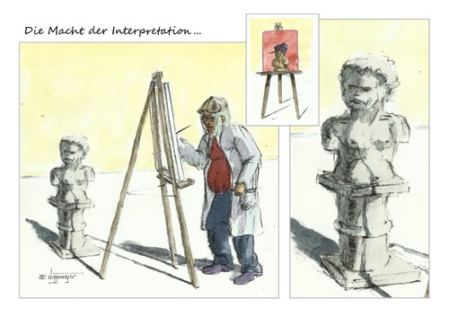 Cartoon: Die Macht der Interpretation... (medium) by Jori Niggemeyer tagged interpretation,maleri,niggemeyer,joricartoon,cartoon,atelier,maler,putte,pinocchio,staffelei