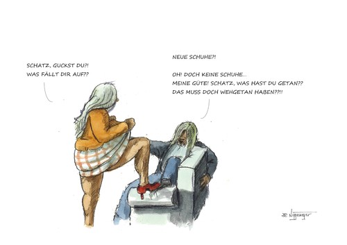 Cartoon: Helga war shoppen... (medium) by Jori Niggemeyer tagged überraschung,konkret,liebe,leben,anders,faszination,schuhe,tattoo,haare,enthaarung,piercing,schmerzen,frischer,wind,niggemeyer,joricartoon,cartoon