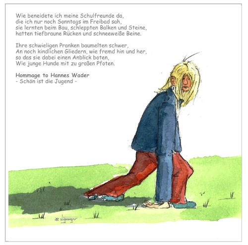 Cartoon: Hommage to Hannes Wader (medium) by Jori Niggemeyer tagged cartoon,joricartoon,wahrheit,inhalt,text,musik,song,lied,bewunderung,hommage,leben,wachssen,aufwachsen,niggemeyer,wader,junge,pubertät,jugend