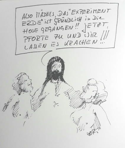 Cartoon: Der Tag danach... (medium) by Jori Niggemeyer tagged jesus,himmel,party,scheitern,erde,menschen,menschheit,joricartoon