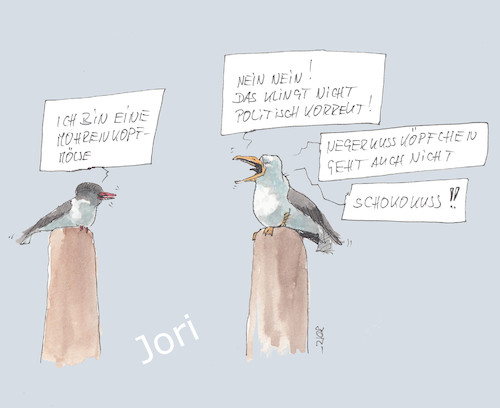 Cartoon: Schokokussmöwe (medium) by Jori Niggemeyer tagged mohrenkopfmöwe,möwe,küste,nordsee,ostsee,baltikum,sprache,joriniggemeyer,joricartoon,rassismus,ddr