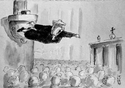 Cartoon: Stage diving (medium) by Jori Niggemeyer tagged vergangenheit,pfarrer,stagediving,predigt,bühne,erneuerung,kirche,rockkonzert,priester,joricartoon