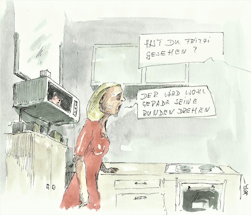 Cartoon: Wenn zwei sich streiten (medium) by Jori Niggemeyer tagged ehe,krieg,beziehungskrise,tiere,hund,mikrowelle,küche,rache,frau,mann,liebe,hass,joricartoon