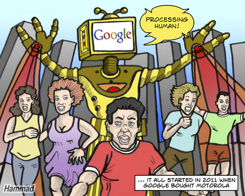 Cartoon: Motogoogle (medium) by javierhammad tagged war,ray,technology,slave,robot,future,motorola,google,google,motorola,internet,web,technik,technologie