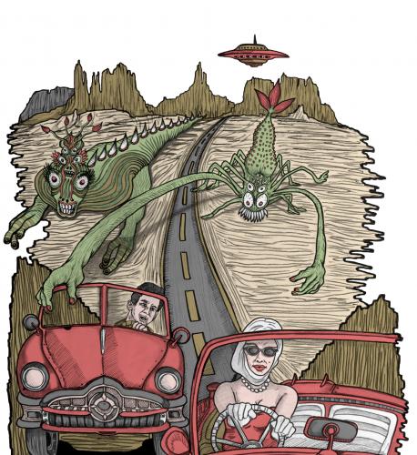 Cartoon: The surreal chase. (medium) by javierhammad tagged surreal,chase,road,car,monster,persecution,alien,ovni,desert,illustration,illustrationen,surreal,surrealismus,auto,autos,autofahrer,straße,verkehr,verfolger,jagd,rasen,geschwindigkeit,verfolgungsjagd,monster,ungeheuer,wahnsinn,ufo,aliens,alien,außerirdische,außerirdisch