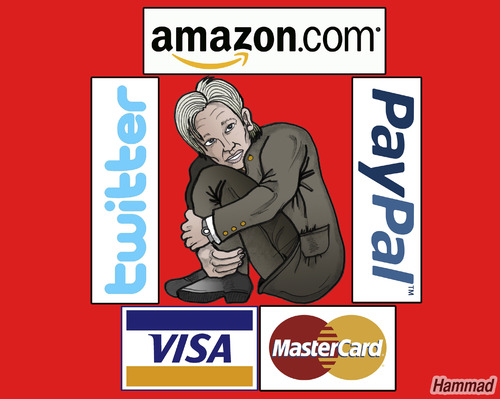 Cartoon: wikitrapped (medium) by javierhammad tagged wikileaks,diplomacy,politics,reaction,julian,assange,visa,mastercard,paypal,amazon,twitter,conspiration,trapped,wikileaks,diplomatie,usa,julian assange,visa,kredikarte,paypal,mastercard,amazon,twitter,julian,assange