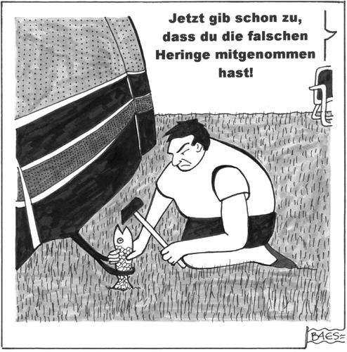 Cartoon: Der Camper (medium) by BAES tagged urlaub,werkzeug,fisch,hering,paar,frau,mann,hammer,zelt,camping,camping,hammer,hering,werkzeug,urlaub