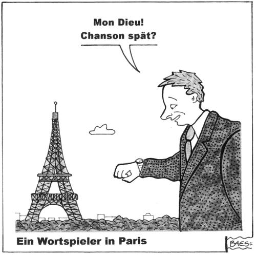 Cartoon: Ein Wortspieler in Paris (medium) by BAES tagged chanson,paris,stadt,wortspieler,uhr,zeit,frankreich,mann,paris,chanson,wortspieler,uhr,uhrzeit,frankreich
