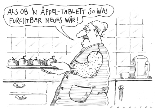 Cartoon: apfelwelt (medium) by Andreas Prüstel tagged apple,ipad,apple,ipad,apfel,äpfel,obst,steve jobs,küche,essen,tablet,computer,technik,technologie,entwicklung,produkt,oma,generationen,steve,jobs