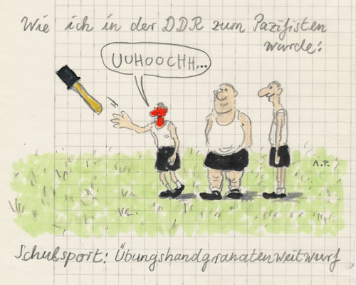 Cartoon: ddr schulsport (medium) by Andreas Prüstel tagged übungshandgranatenweitwurf,ddr,schulsport,weitwurf,ddr,schulsport