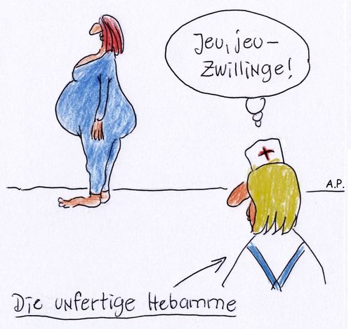 Cartoon: hebamme (medium) by Andreas Prüstel tagged hebamme,unfertig,schwanger,geburt,zwillinge,cartoon,karikatur,andreas,pruestel