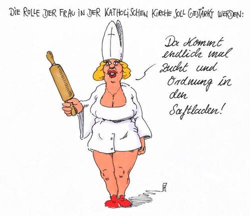 Cartoon: kuchenrolle (medium) by Andreas Prüstel tagged katholische,kirche,frauenrolle,kuchenrolle,stellung,der,frau,cartoon,karikatur