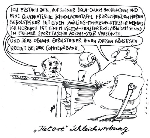 Cartoon: schleichwerbung (medium) by Andreas Prüstel tagged tv,schleichwerbung,marken,tatort,schleichwerbung,marken,tatort