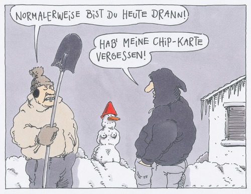 Cartoon: schneearbeit (medium) by Andreas Prüstel tagged schnee,schnebeseitigung,schaufel,chipkarte,schneefrau,schnee,schnebeseitigung,schneefrau,chipkarte,schaufel,winter