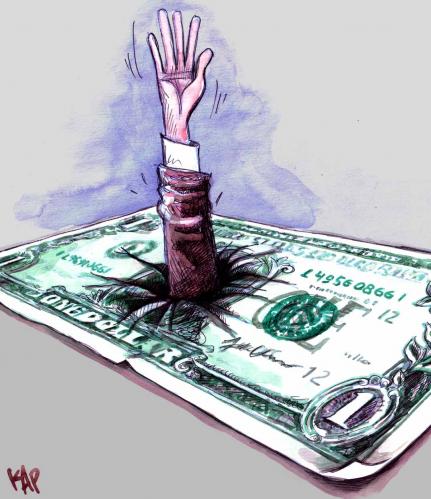 Cartoon: down dollar (medium) by kap tagged money,dollar,economy,currency,geld,finanzen,finanzkrise,wirtschaft,wirtschaftskrise,geldschein,dollar,usa,amerika,währung