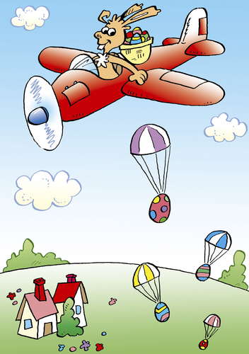 Cartoon: Osterhase (medium) by astaltoons tagged ostern,osterhase,eier,bunt,flugzeug,fallschirm,dorf,wiese