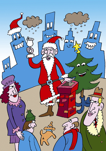 Cartoon: Weihnachten (medium) by astaltoons tagged weihnachten,weihnachtsmann,bunt,tannenbaum,geschenke,prost,menschen,hund,grossstadt