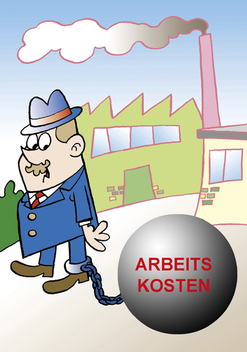 Cartoon: Wirtschaft (medium) by astaltoons tagged arbeitskosten,gehälter,arbeitnehmer,fabrik,retro,mann,fessel,am,bein,kugel