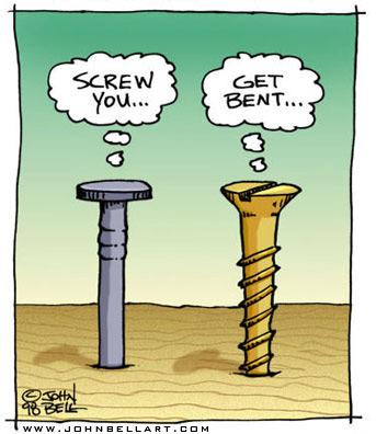 Cartoon: Conflict (medium) by JohnBellArt tagged screw,nail,bent,conflict,fight,argument,hate,tools,quarrel,curse,swear,thoughts,hardware