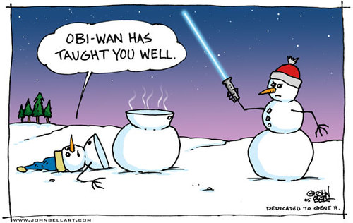 Cartoon: Light Saber (medium) by JohnBellArt tagged snowman,light,saber,cut,slice,funny,cartoon,obi,wan