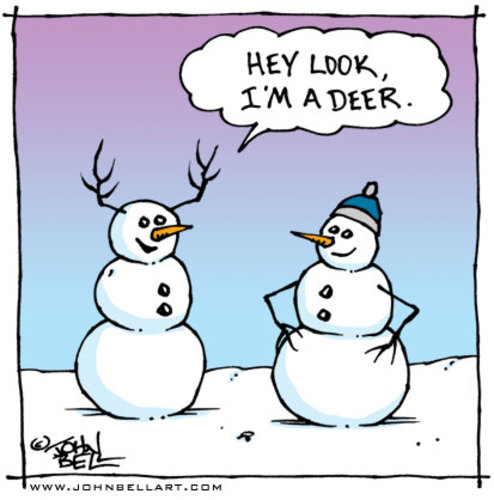 Cartoon: Oh Deer! (medium) by JohnBellArt tagged deer,antlers,playing,joke,snowman,arms,fooling