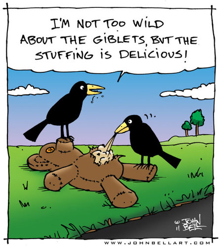 Cartoon: Stuffing (medium) by JohnBellArt tagged teddy,bear,stuffing,road,kill,crow,carrion,eat,dead,toy,devour,doll