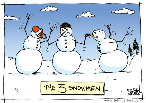 Cartoon: The 3 Snowmen (medium) by JohnBellArt tagged snowmen,stooges,moe,larry,curly