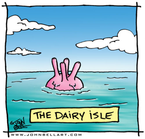 Cartoon: The Dairy Isle (medium) by JohnBellArt tagged dairy,isle,udder,island,pun,water,ocean,sea,teats