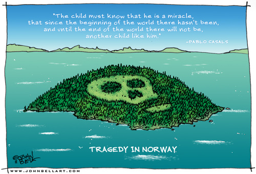 Cartoon: Tragedy in Norway (medium) by JohnBellArt tagged norway,tragedy,terror,death,child,children,camp,guns,murder,sad,horror,evil