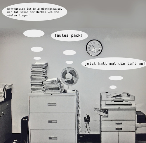 Cartoon: büroalltag (medium) by ab tagged büro,arbeit,papier,material,ventilator,ausstattung