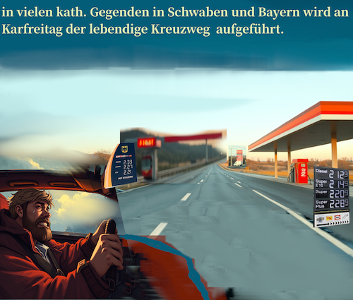 Cartoon: das leiden (medium) by ab tagged karfreitag,carfreitag,kreuzweg,jesus,leiden,benzin,steuer,diesel,krieg,iran,usa,israel,auto,kfz,tanken,schmerz