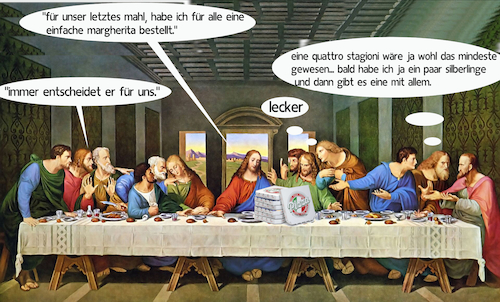 Cartoon: das letzte abendmahl (medium) by ab tagged karfreitag,abendmahl,jesus,jünger,essen,judas