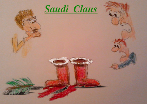Cartoon: der rest vom fest (medium) by ab tagged nikolaus,santa,stiefel,schuhe,geschenk,blut,saudi,arabien,kronprinz,mord,mörder