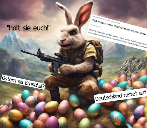 Cartoon: eierkrise (medium) by ab tagged usa,eier,vogelgrippe,eu,deutschland,mangel,hühner,ostern,hase,waffe