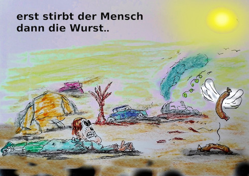 Cartoon: ende (medium) by ab tagged klimawandel,hitzewelle,temperaturanstieg,mensch,umwelt,essen,nahrung,tod,wahnsinn