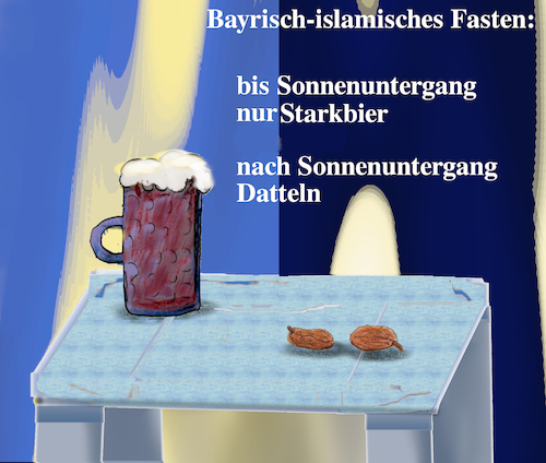 Cartoon: flüssig und fest (medium) by ab tagged fastenzeit,bayern,bier,ramadan,islam,nahrung,morgen,abend,tageszeit