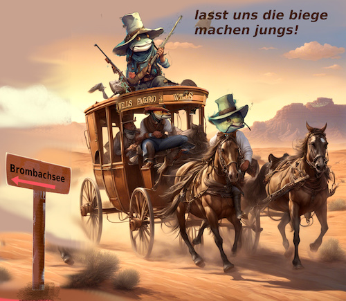 Cartoon: flucht aus franken (medium) by ab tagged bayern,land,see,fisch,wels,gefahr,flucht,postkutsche,us