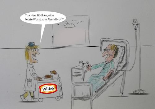 Cartoon: im krankenhaus (medium) by ab tagged essen,ernährung,fleischwaren,wurst,alt,tod,krankenhaus,abend