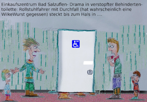 Cartoon: in der shoppingmall (medium) by ab tagged center,shopping,wc,behinderte,nahrung,wurst