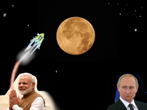Cartoon: india 1  russia 0 (medium) by ab tagged moon,mond,landing,landung,fähre,raumschiff,weltraum,space