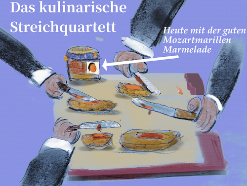 Cartoon: kulturgenuss (medium) by ab tagged musik,essen,instrument,quartett,mozart,komponist,messer,marmelade,streichinstrument,kultur