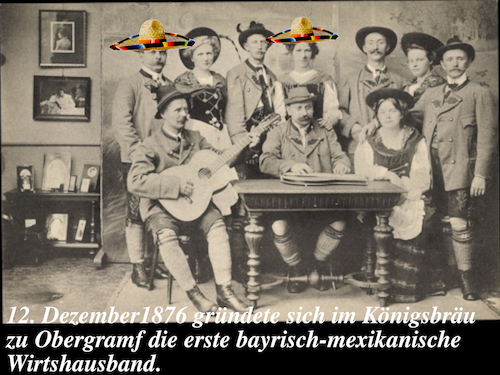 Cartoon: musikgeschichte (medium) by ab tagged bayern,wirtshaus,musik,mexiko,hut,tracht,alt,sombrero