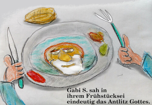 Cartoon: nachweihnachtswunder (medium) by ab tagged frühstück,essen,vision,spiegelei,gott