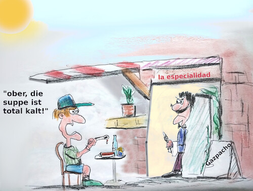 Cartoon: rüdiger n. in madrid (medium) by ab tagged europa,tourist,spanien,deutsch,essen,spezialität,restaurant,gast,ober