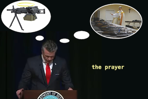 Cartoon: secretary of madness (medium) by ab tagged us,usa,iran,war,weapons,guns,pete,hegseth,ministry,defense,trump,oil,öl,hormuz,holy,shit,glaube,fanatic,arschloch