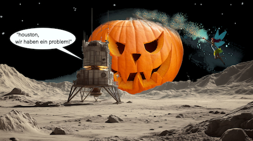 Cartoon: space o ween (medium) by ab tagged halloween,weltraum,mondfähre,kürbis,space,planet,lunar,ship,pumpkin,fairy