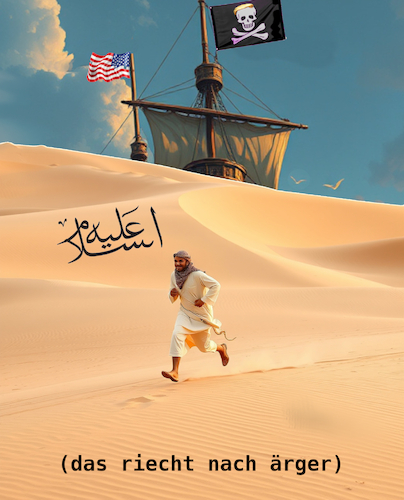 Cartoon: strasse von hormus (medium) by ab tagged iran,usa,marine,israel,meer,golf,hormus,öl,ärger,schiff,route,piraten,running,arab