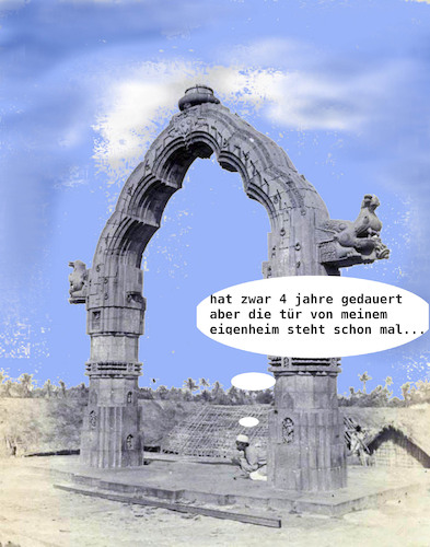 Cartoon: think big (medium) by ab tagged mann,indien,haus,bau,stein,tür,arbeit