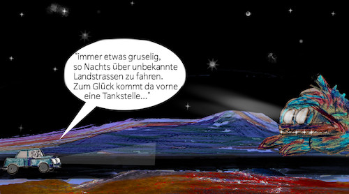 Cartoon: unterwegs (medium) by ab tagged auto,nachts,strasse,unbekanntes,horror