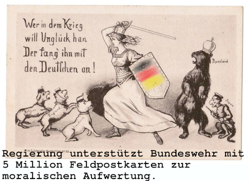 Cartoon: wehrpflicht (medium) by ab tagged deutschland,brd,bundeswehr,heer,wehrpflicht,krieg,aufrüstung,feind,postkarte,weltkrieg,germania